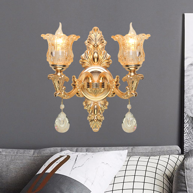 Bellflower Amber Glass Wall Lamp Kit Antique 2 Lights Living Room Sconce Light Fixture in Gold Clearhalo 'Wall Lamps & Sconces' 'Wall Lights' Lighting' 1194351