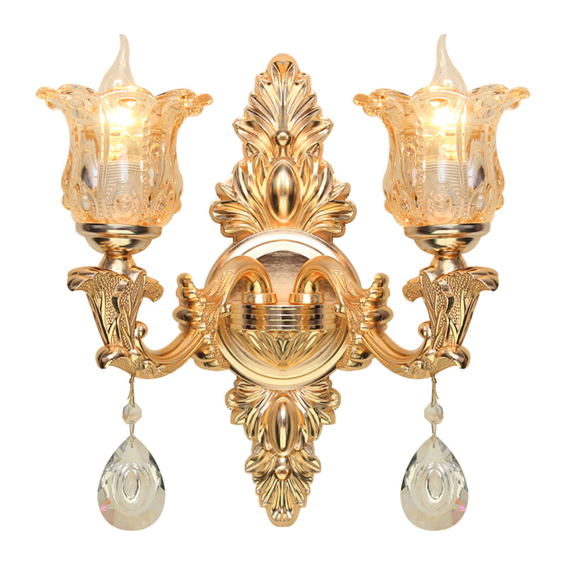 Bellflower Amber Glass Wall Lamp Kit Antique 2 Lights Living Room Sconce Light Fixture in Gold Clearhalo 'Wall Lamps & Sconces' 'Wall Lights' Lighting' 1194352