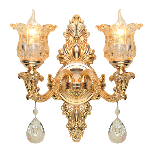 Bellflower Amber Glass Wall Lamp Kit Antique 2 Lights Living Room Sconce Light Fixture in Gold Clearhalo 'Wall Lamps & Sconces' 'Wall Lights' Lighting' 1194352