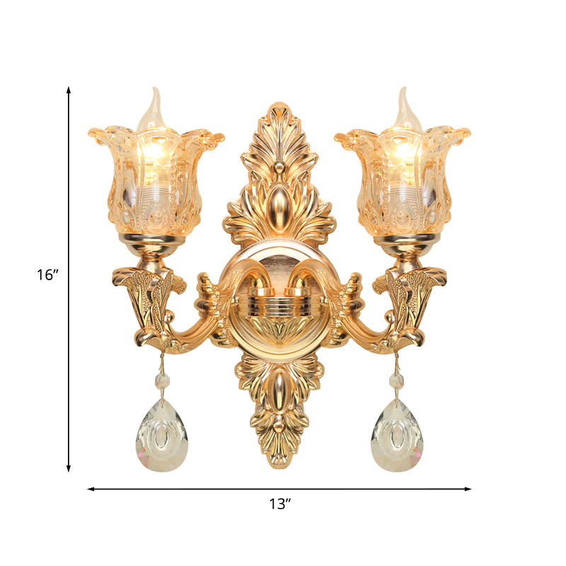 Bellflower Amber Glass Wall Lamp Kit Antique 2 Lights Living Room Sconce Light Fixture in Gold Clearhalo 'Wall Lamps & Sconces' 'Wall Lights' Lighting' 1194353