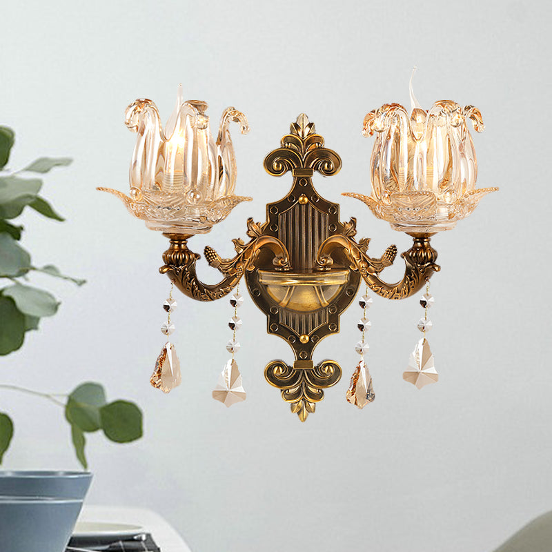 Antiqued Brass 1/2-Light Sconce Light Traditional Crystal Flower Wall Mount Lamp for Hall 2.0 Brass Clearhalo 'Wall Lamps & Sconces' 'Wall Lights' Lighting' 1194354