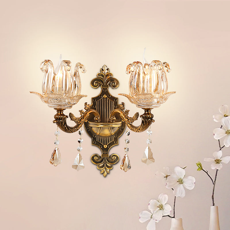 Antiqued Brass 1/2-Light Sconce Light Traditional Crystal Flower Wall Mount Lamp for Hall Clearhalo 'Wall Lamps & Sconces' 'Wall Lights' Lighting' 1194355