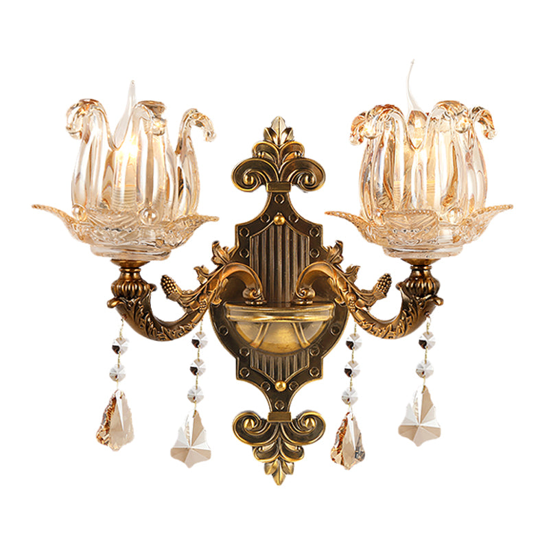 Antiqued Brass 1/2-Light Sconce Light Traditional Crystal Flower Wall Mount Lamp for Hall Clearhalo 'Wall Lamps & Sconces' 'Wall Lights' Lighting' 1194356