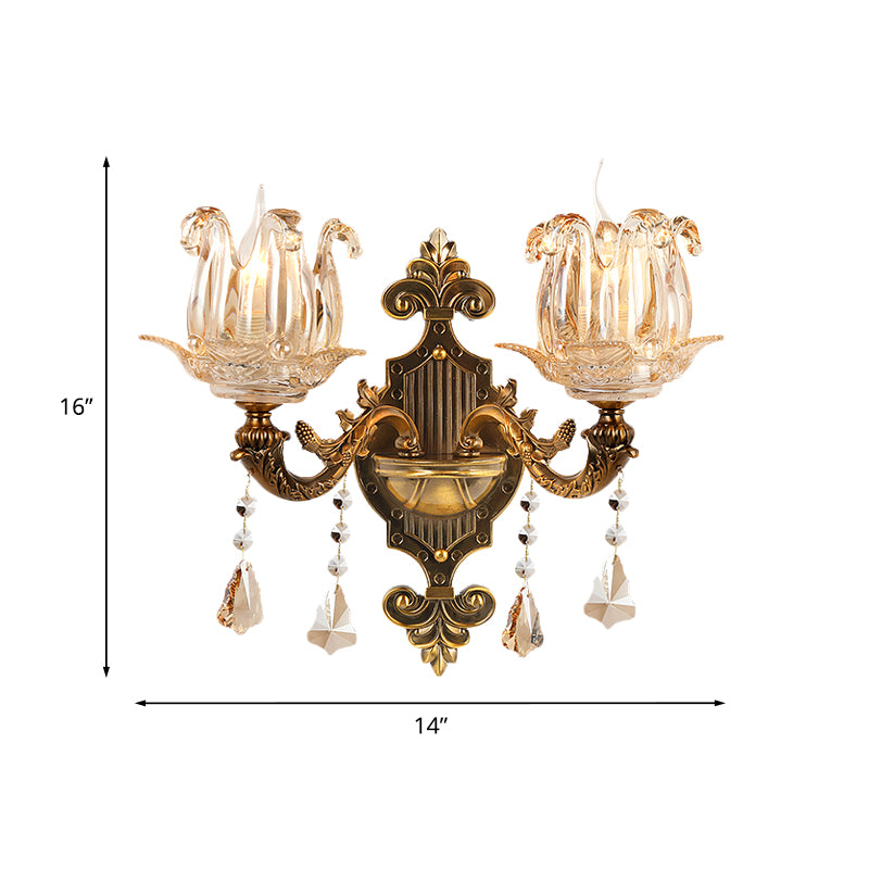 Antiqued Brass 1/2-Light Sconce Light Traditional Crystal Flower Wall Mount Lamp for Hall Clearhalo 'Wall Lamps & Sconces' 'Wall Lights' Lighting' 1194357