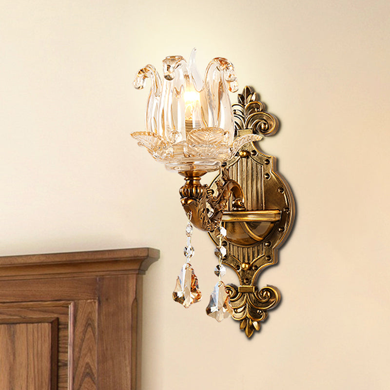 Antiqued Brass 1/2-Light Sconce Light Traditional Crystal Flower Wall Mount Lamp for Hall Clearhalo 'Wall Lamps & Sconces' 'Wall Lights' Lighting' 1194359