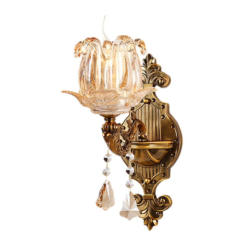 Antiqued Brass 1/2-Light Sconce Light Traditional Crystal Flower Wall Mount Lamp for Hall Clearhalo 'Wall Lamps & Sconces' 'Wall Lights' Lighting' 1194361