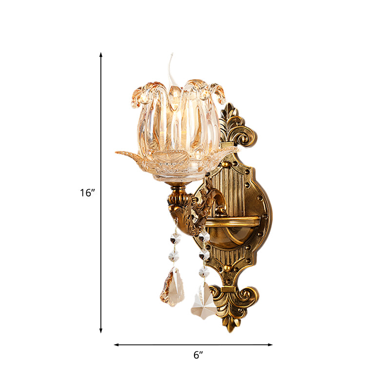 Antiqued Brass 1/2-Light Sconce Light Traditional Crystal Flower Wall Mount Lamp for Hall Clearhalo 'Wall Lamps & Sconces' 'Wall Lights' Lighting' 1194362