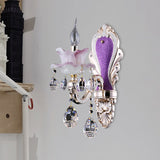 Frosted Glass Purple Wall Lighting Ruffle 1/2-Bulb Modern Style Wall Sconce Light with Teardrop Crystal Drops 1.0 Purple Clearhalo 'Modern wall lights' 'Modern' 'Wall Lamps & Sconces' 'Wall Lights' Lighting' 1194363