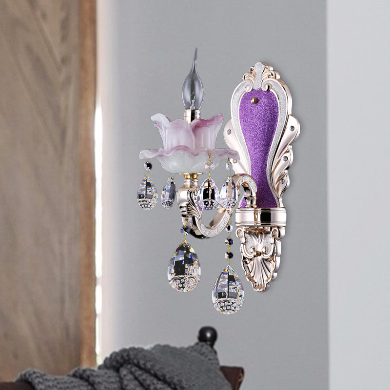 Frosted Glass Purple Wall Lighting Ruffle 1/2-Bulb Modern Style Wall Sconce Light with Teardrop Crystal Drops Clearhalo 'Modern wall lights' 'Modern' 'Wall Lamps & Sconces' 'Wall Lights' Lighting' 1194364