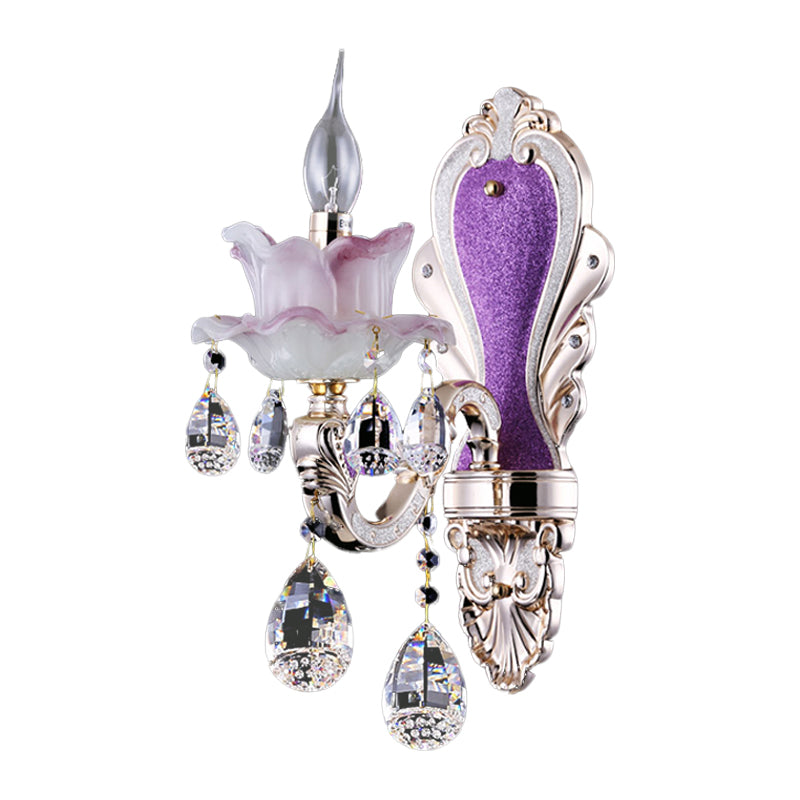 Frosted Glass Purple Wall Lighting Ruffle 1/2-Bulb Modern Style Wall Sconce Light with Teardrop Crystal Drops Clearhalo 'Modern wall lights' 'Modern' 'Wall Lamps & Sconces' 'Wall Lights' Lighting' 1194365