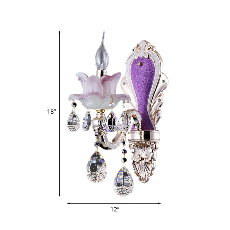 Frosted Glass Purple Wall Lighting Ruffle 1/2-Bulb Modern Style Wall Sconce Light with Teardrop Crystal Drops Clearhalo 'Modern wall lights' 'Modern' 'Wall Lamps & Sconces' 'Wall Lights' Lighting' 1194366