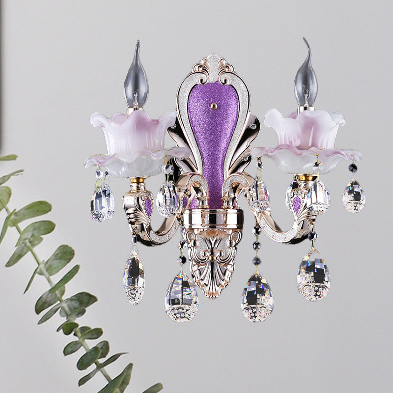 Frosted Glass Purple Wall Lighting Ruffle 1/2-Bulb Modern Style Wall Sconce Light with Teardrop Crystal Drops 2.0 Purple Clearhalo 'Modern wall lights' 'Modern' 'Wall Lamps & Sconces' 'Wall Lights' Lighting' 1194367