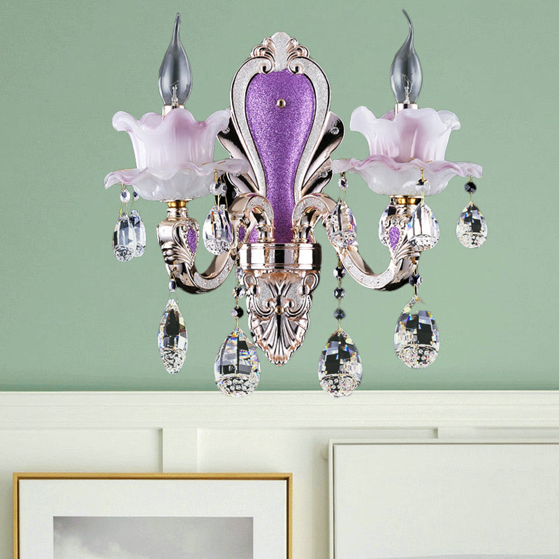 Frosted Glass Purple Wall Lighting Ruffle 1/2-Bulb Modern Style Wall Sconce Light with Teardrop Crystal Drops Clearhalo 'Modern wall lights' 'Modern' 'Wall Lamps & Sconces' 'Wall Lights' Lighting' 1194368