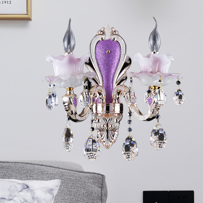 Frosted Glass Purple Wall Lighting Ruffle 1/2-Bulb Modern Style Wall Sconce Light with Teardrop Crystal Drops Clearhalo 'Modern wall lights' 'Modern' 'Wall Lamps & Sconces' 'Wall Lights' Lighting' 1194369