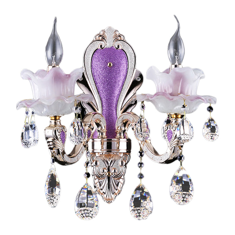 Frosted Glass Purple Wall Lighting Ruffle 1/2-Bulb Modern Style Wall Sconce Light with Teardrop Crystal Drops Clearhalo 'Modern wall lights' 'Modern' 'Wall Lamps & Sconces' 'Wall Lights' Lighting' 1194370