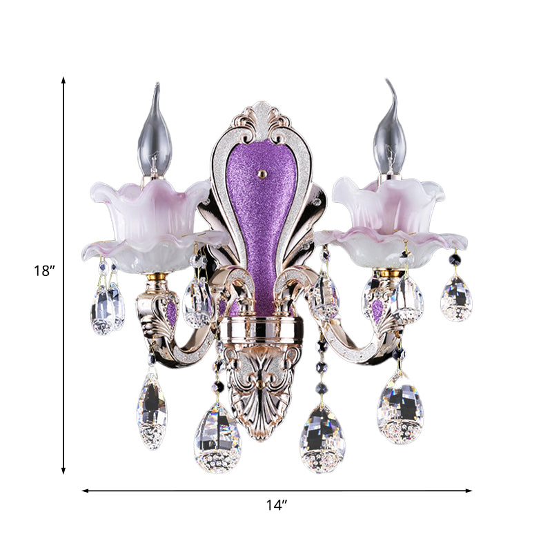 Frosted Glass Purple Wall Lighting Ruffle 1/2-Bulb Modern Style Wall Sconce Light with Teardrop Crystal Drops Clearhalo 'Modern wall lights' 'Modern' 'Wall Lamps & Sconces' 'Wall Lights' Lighting' 1194371