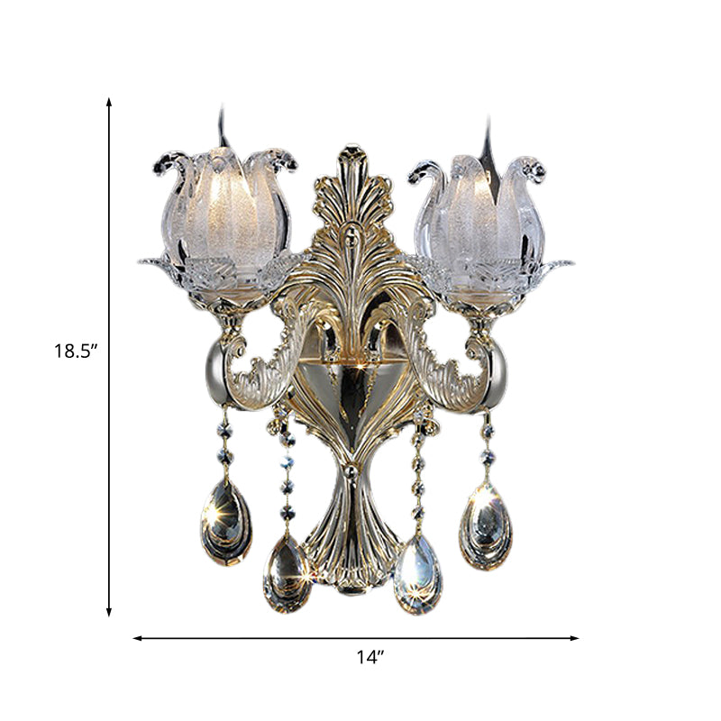 1/2-Light Frosted Glass Sconce Traditional Gold Semi-Open Flower Living Room Wall Mounted Light Clearhalo 'Modern wall lights' 'Modern' 'Wall Lamps & Sconces' 'Wall Lights' Lighting' 1194375