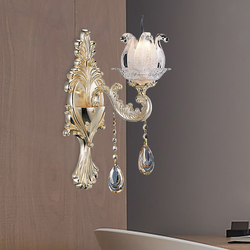 1/2-Light Frosted Glass Sconce Traditional Gold Semi-Open Flower Living Room Wall Mounted Light 1.0 Gold Clearhalo 'Modern wall lights' 'Modern' 'Wall Lamps & Sconces' 'Wall Lights' Lighting' 1194376