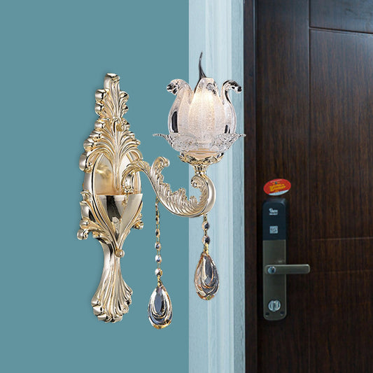 1/2-Light Frosted Glass Sconce Traditional Gold Semi-Open Flower Living Room Wall Mounted Light Clearhalo 'Modern wall lights' 'Modern' 'Wall Lamps & Sconces' 'Wall Lights' Lighting' 1194378