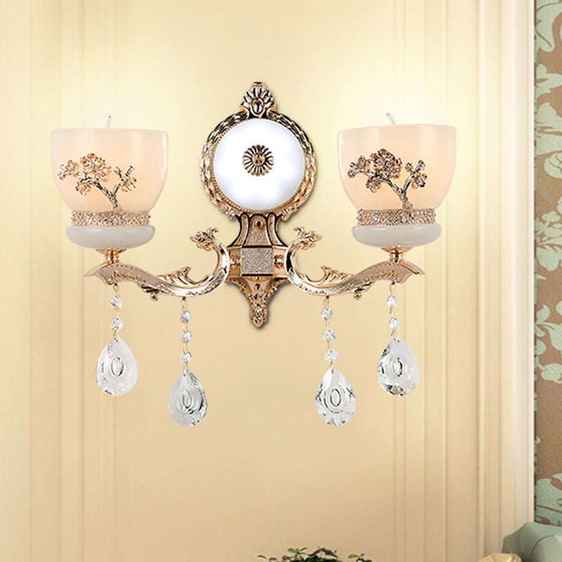 1/2-Bulb Flower-Embossed Bowl Sconce Rustic Gold Frosted Glass Wall Light with Crystal Drop 2.0 Gold Clearhalo 'Wall Lamps & Sconces' 'Wall Lights' Lighting' 1194393