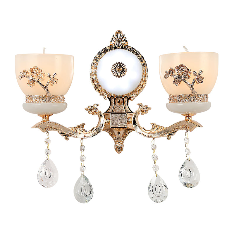 1/2-Bulb Flower-Embossed Bowl Sconce Rustic Gold Frosted Glass Wall Light with Crystal Drop Clearhalo 'Wall Lamps & Sconces' 'Wall Lights' Lighting' 1194394