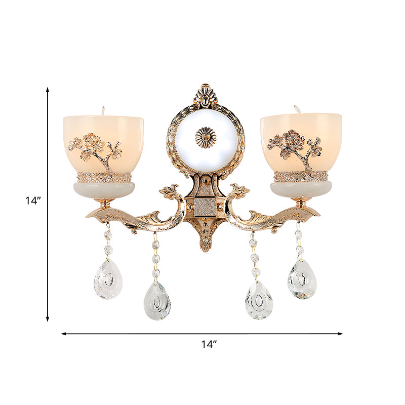 1/2-Bulb Flower-Embossed Bowl Sconce Rustic Gold Frosted Glass Wall Light with Crystal Drop Clearhalo 'Wall Lamps & Sconces' 'Wall Lights' Lighting' 1194396