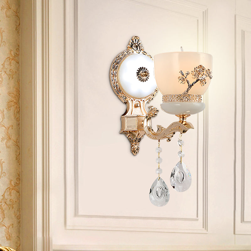 1/2-Bulb Flower-Embossed Bowl Sconce Rustic Gold Frosted Glass Wall Light with Crystal Drop 1.0 Gold Clearhalo 'Wall Lamps & Sconces' 'Wall Lights' Lighting' 1194397