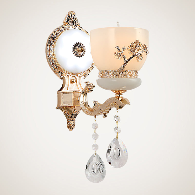 1/2-Bulb Flower-Embossed Bowl Sconce Rustic Gold Frosted Glass Wall Light with Crystal Drop Clearhalo 'Wall Lamps & Sconces' 'Wall Lights' Lighting' 1194400