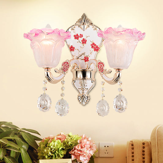 2 Lights Ruffle Wall Lighting Fixture Modern Pink-White Glass Sconce Lamp with Dangling Crystal Pink Clearhalo 'Modern wall lights' 'Modern' 'Wall Lamps & Sconces' 'Wall Lights' Lighting' 1194410
