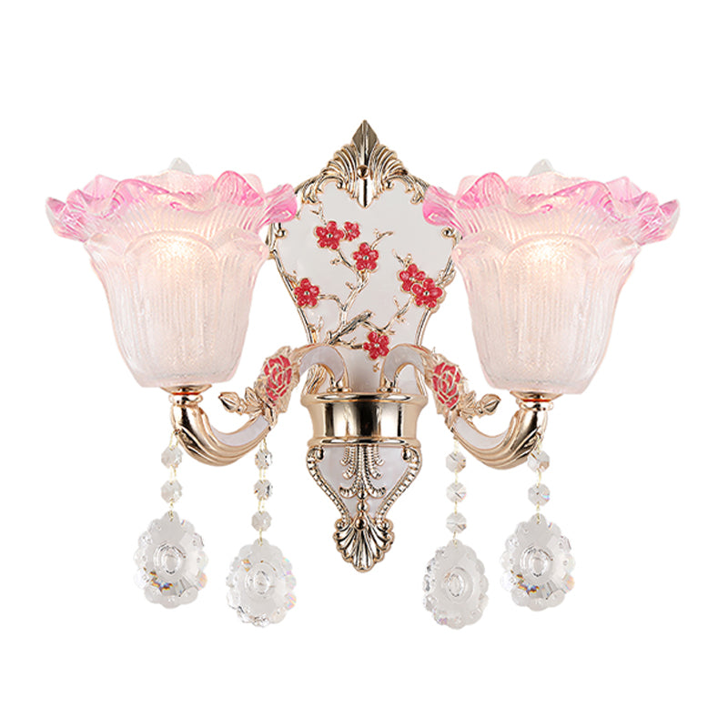 2 Lights Ruffle Wall Lighting Fixture Modern Pink-White Glass Sconce Lamp with Dangling Crystal Clearhalo 'Modern wall lights' 'Modern' 'Wall Lamps & Sconces' 'Wall Lights' Lighting' 1194411