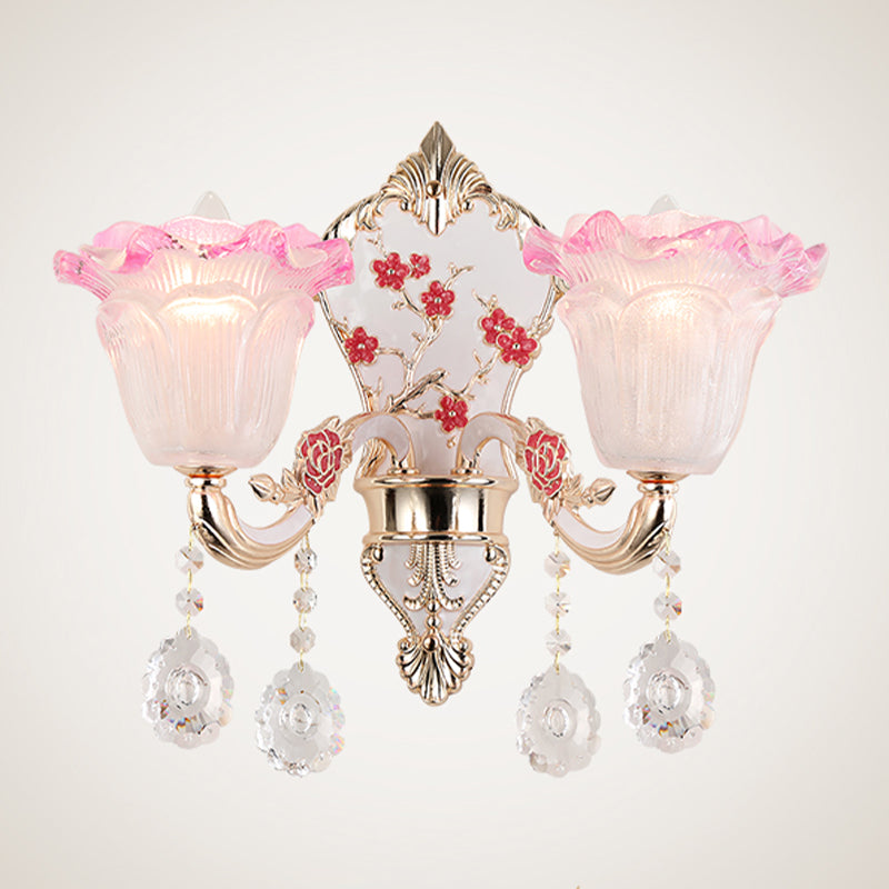 2 Lights Ruffle Wall Lighting Fixture Modern Pink-White Glass Sconce Lamp with Dangling Crystal Clearhalo 'Modern wall lights' 'Modern' 'Wall Lamps & Sconces' 'Wall Lights' Lighting' 1194412
