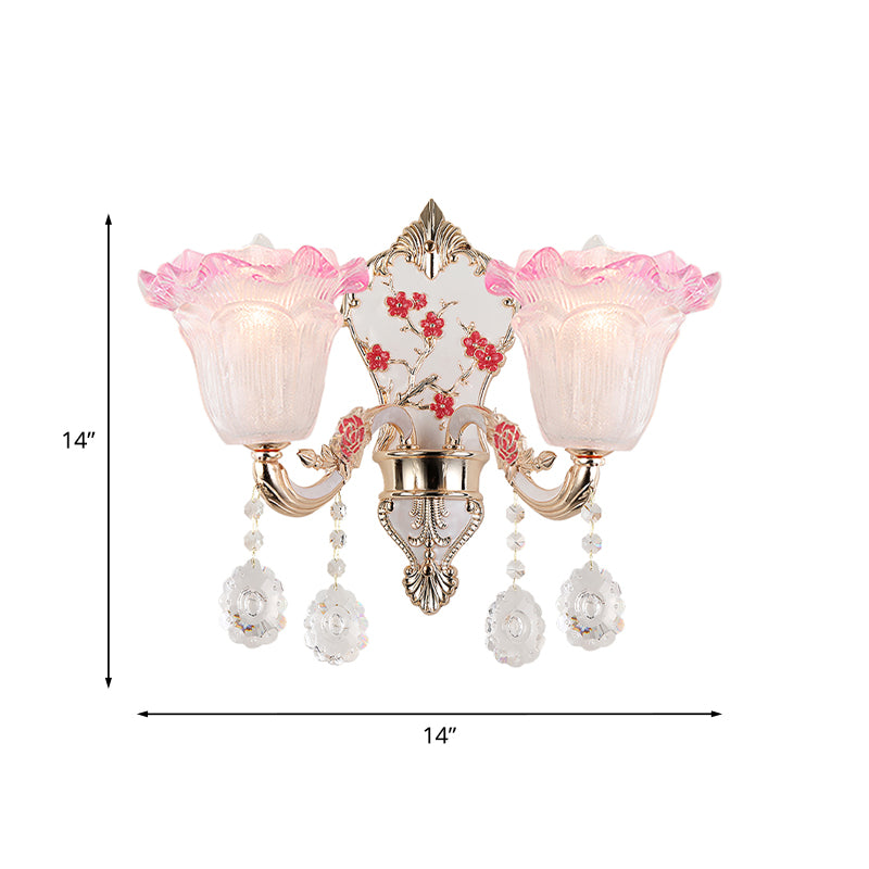 2 Lights Ruffle Wall Lighting Fixture Modern Pink-White Glass Sconce Lamp with Dangling Crystal Clearhalo 'Modern wall lights' 'Modern' 'Wall Lamps & Sconces' 'Wall Lights' Lighting' 1194413