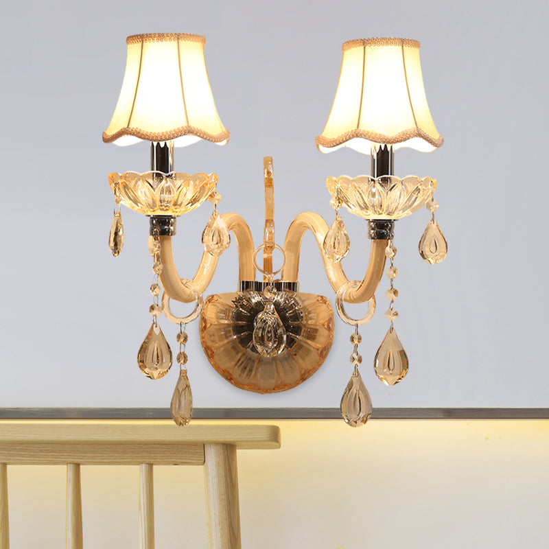Amber Glass Candle Wall Lighting Traditional 1/2-Bulb Bedroom Sconce Light Fixture with Scalloped Fabric Shade 2.0 Amber Clearhalo 'Modern wall lights' 'Modern' 'Wall Lamps & Sconces' 'Wall Lights' Lighting' 1194414