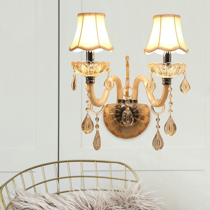 Amber Glass Candle Wall Lighting Traditional 1/2-Bulb Bedroom Sconce Light Fixture with Scalloped Fabric Shade Clearhalo 'Modern wall lights' 'Modern' 'Wall Lamps & Sconces' 'Wall Lights' Lighting' 1194415