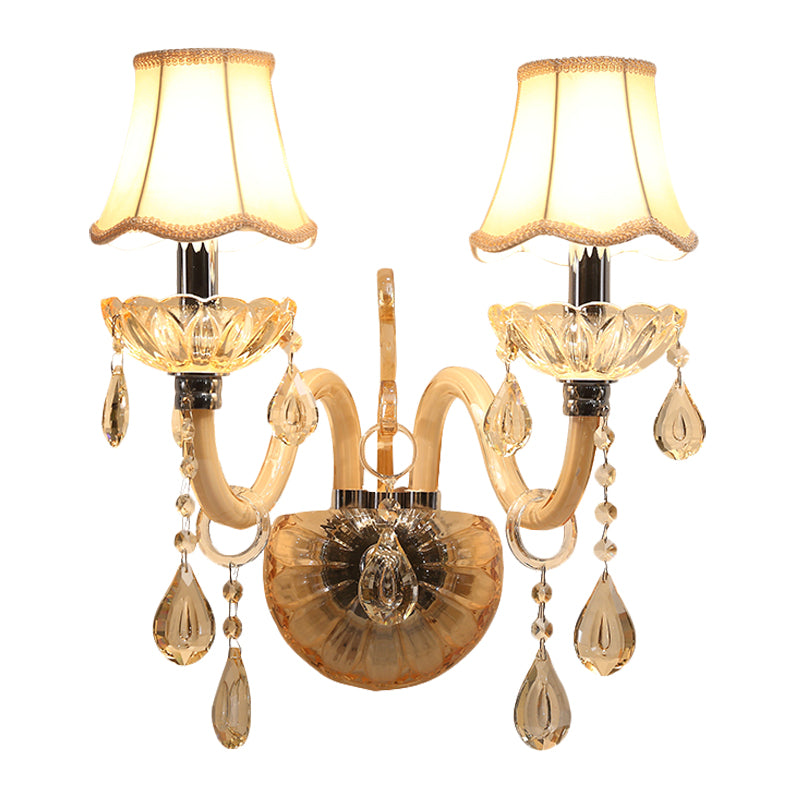 Amber Glass Candle Wall Lighting Traditional 1/2-Bulb Bedroom Sconce Light Fixture with Scalloped Fabric Shade Clearhalo 'Modern wall lights' 'Modern' 'Wall Lamps & Sconces' 'Wall Lights' Lighting' 1194416