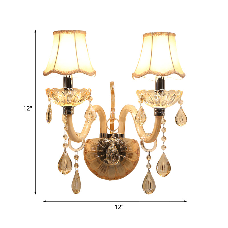 Amber Glass Candle Wall Lighting Traditional 1/2-Bulb Bedroom Sconce Light Fixture with Scalloped Fabric Shade Clearhalo 'Modern wall lights' 'Modern' 'Wall Lamps & Sconces' 'Wall Lights' Lighting' 1194417