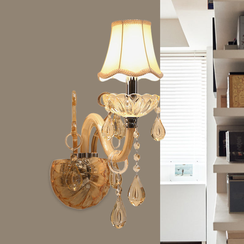 Amber Glass Candle Wall Lighting Traditional 1/2-Bulb Bedroom Sconce Light Fixture with Scalloped Fabric Shade Clearhalo 'Modern wall lights' 'Modern' 'Wall Lamps & Sconces' 'Wall Lights' Lighting' 1194419