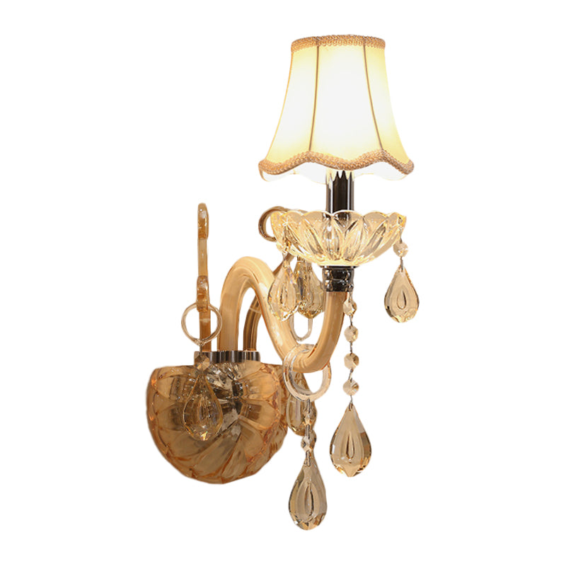 Amber Glass Candle Wall Lighting Traditional 1/2-Bulb Bedroom Sconce Light Fixture with Scalloped Fabric Shade Clearhalo 'Modern wall lights' 'Modern' 'Wall Lamps & Sconces' 'Wall Lights' Lighting' 1194420