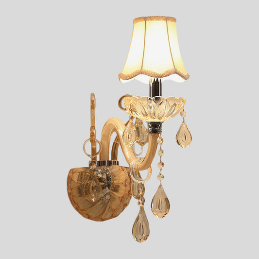 Amber Glass Candle Wall Lighting Traditional 1/2-Bulb Bedroom Sconce Light Fixture with Scalloped Fabric Shade Clearhalo 'Modern wall lights' 'Modern' 'Wall Lamps & Sconces' 'Wall Lights' Lighting' 1194421