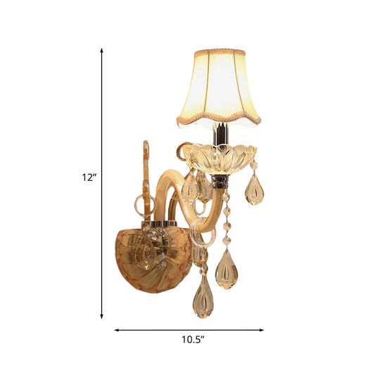 Amber Glass Candle Wall Lighting Traditional 1/2-Bulb Bedroom Sconce Light Fixture with Scalloped Fabric Shade Clearhalo 'Modern wall lights' 'Modern' 'Wall Lamps & Sconces' 'Wall Lights' Lighting' 1194422
