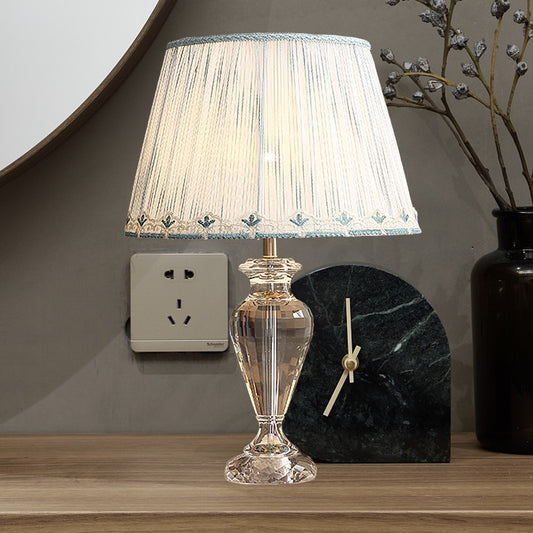 Clear Crystal Urn Night Table Light Minimalist 1 Head Living Room Nightstand Lamp with Tapered Pleated Fabric Shade Clearhalo 'Lamps' 'Table Lamps' Lighting' 1194436