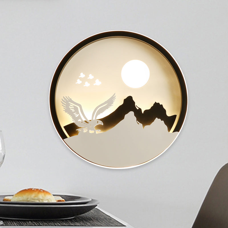 Asia Style Circular Acrylic Wall Mural Light LED Wall Lamp in Black with Eagle and Mountain Pattern Black Clearhalo 'Wall Lamps & Sconces' 'Wall Lights' Lighting' 1194456