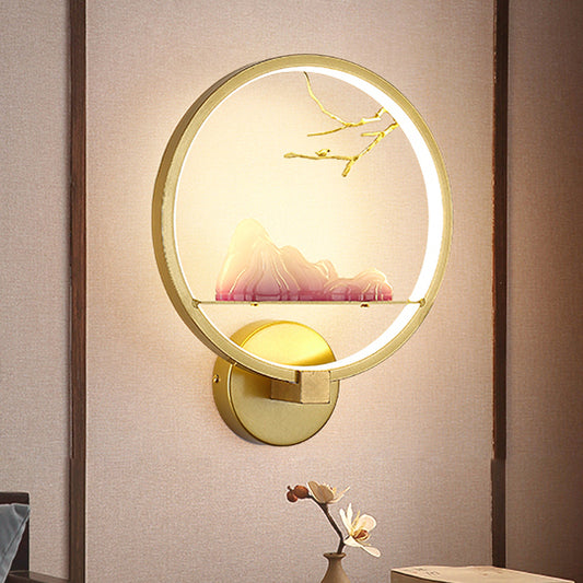 LED Bedside Mountain and Branch Mural Light Oriental Style Gold Wall Mounted Light with Round Metal Shade Clearhalo 'Wall Lamps & Sconces' 'Wall Lights' Lighting' 1194461