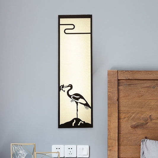 3-Light Bedroom Crane Wall Mounted Light Oriental Style Black Mural Lamp with Cuboid Fabric Shade Clearhalo 'Wall Lamps & Sconces' 'Wall Lights' Lighting' 1194469