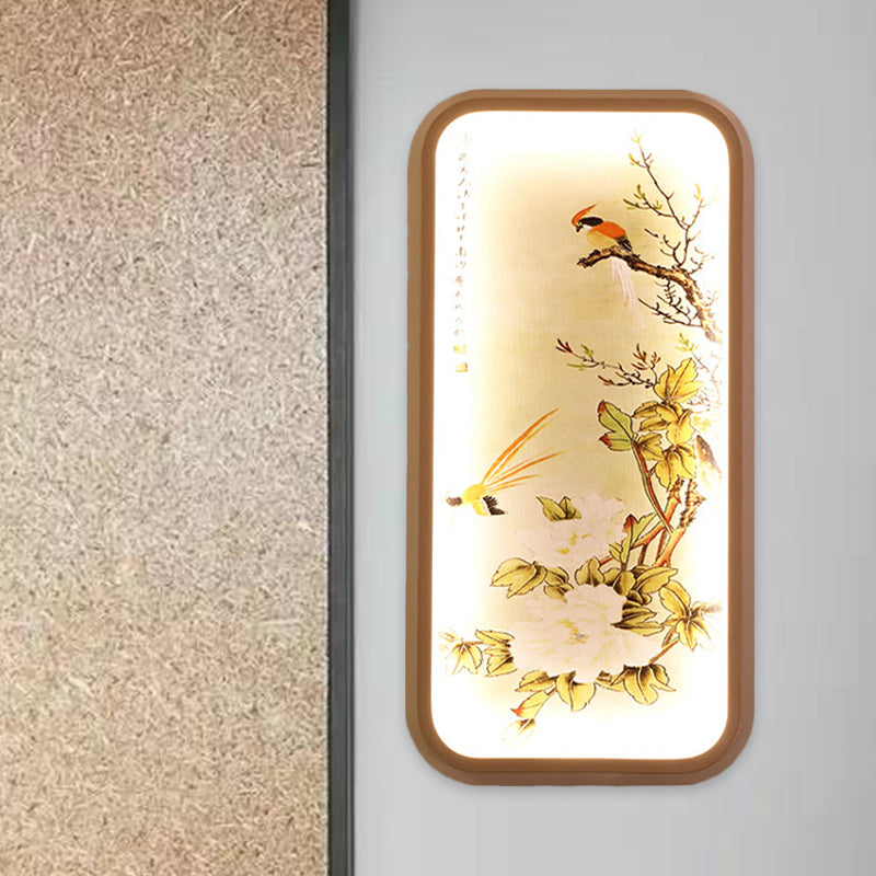 Fabric Rectangle Leaf and Bird Mural Light Chinese Style LED Yellow Wall Mount Light Yellow Clearhalo 'Wall Lamps & Sconces' 'Wall Lights' Lighting' 1194480