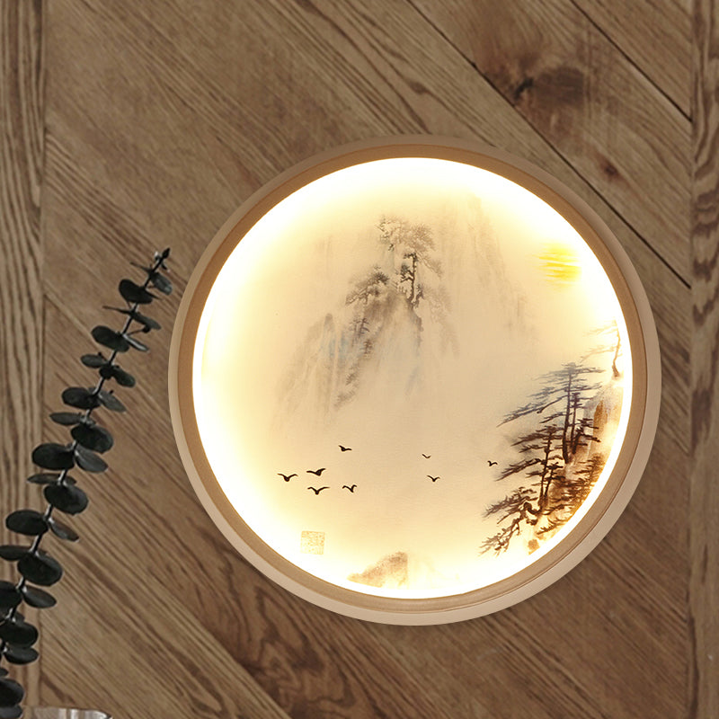 White Circular Wall Mounted Lighting Asia Style LED Metallic Mural Lamp with Pine Tree and Bird Pattern Clearhalo 'Wall Lamps & Sconces' 'Wall Lights' Lighting' 1194493