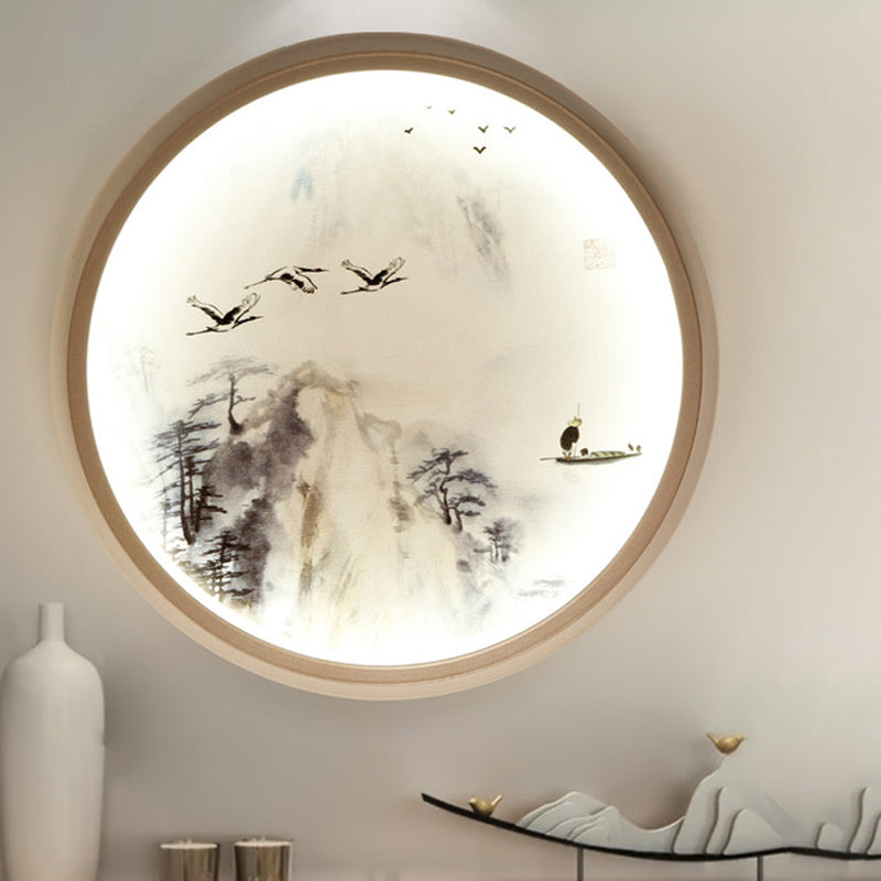 White Circular Wall Mounted Lighting Asia Style LED Metallic Mural Lamp with Pine Tree and Bird Pattern White B Clearhalo 'Wall Lamps & Sconces' 'Wall Lights' Lighting' 1194496