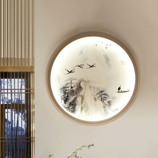 White Circular Wall Mounted Lighting Asia Style LED Metallic Mural Lamp with Pine Tree and Bird Pattern Clearhalo 'Wall Lamps & Sconces' 'Wall Lights' Lighting' 1194497