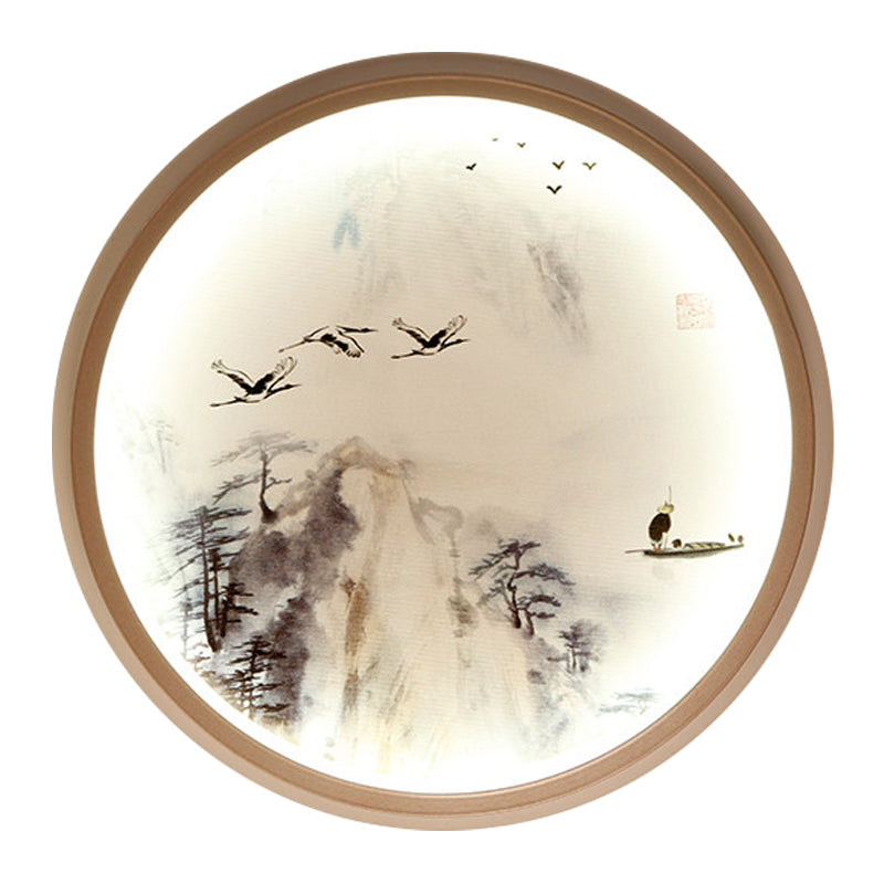 White Circular Wall Mounted Lighting Asia Style LED Metallic Mural Lamp with Pine Tree and Bird Pattern Clearhalo 'Wall Lamps & Sconces' 'Wall Lights' Lighting' 1194499