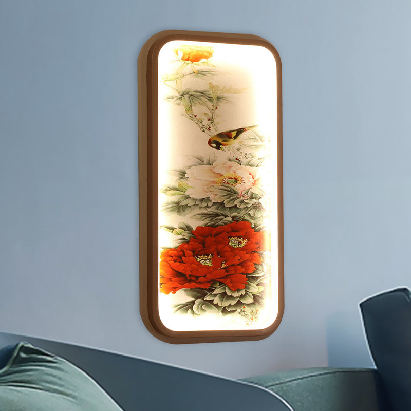 Rectangle Acrylic Peony Wall Mount Lamp Chinese Style LED Red Wall Mural Light Red Clearhalo 'Wall Lamps & Sconces' 'Wall Lights' Lighting' 1194522